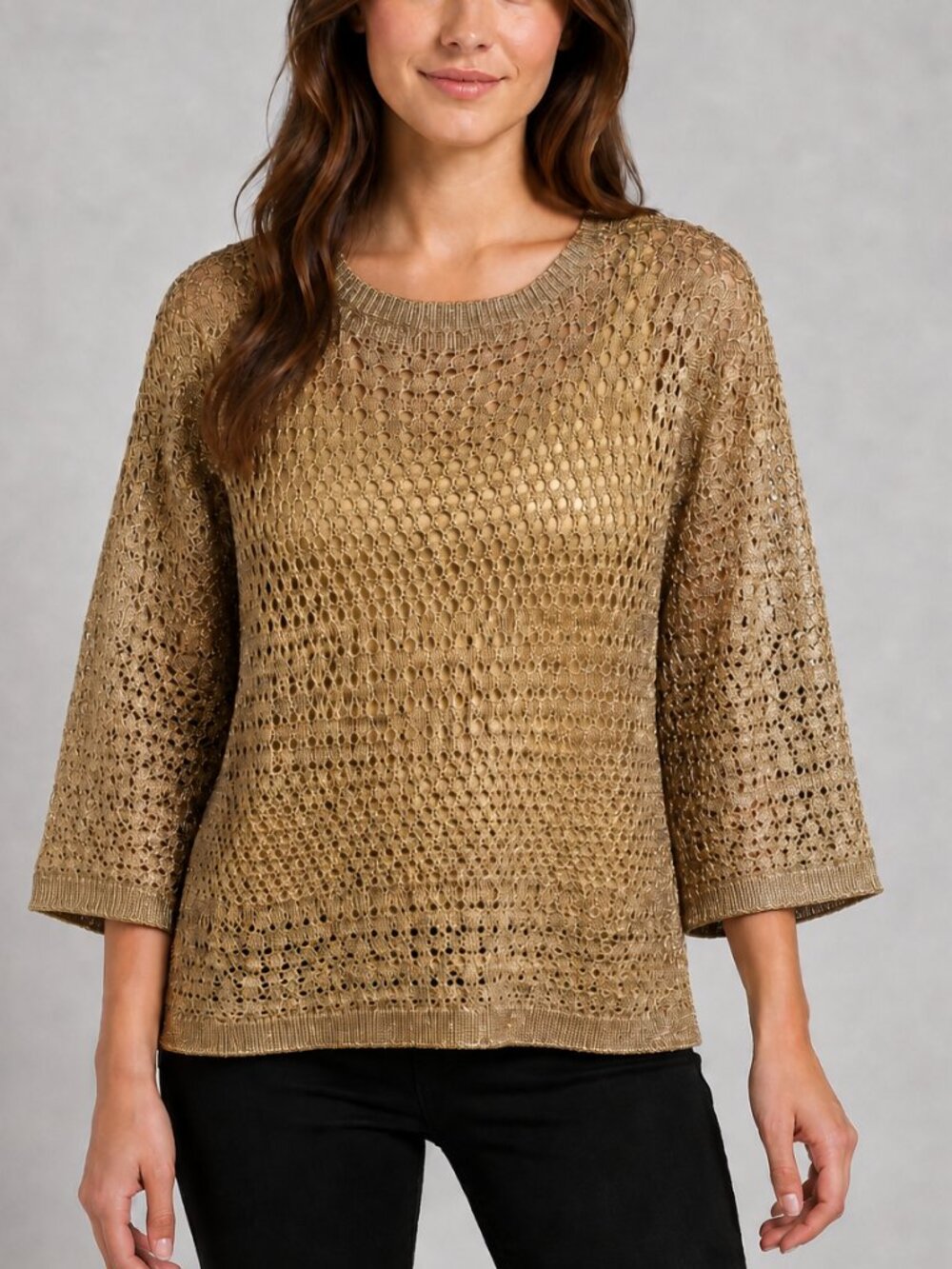 By Together Gold Lurex Open Knit Sweater Small Crochet Boho 3/4 Sleeve Festive